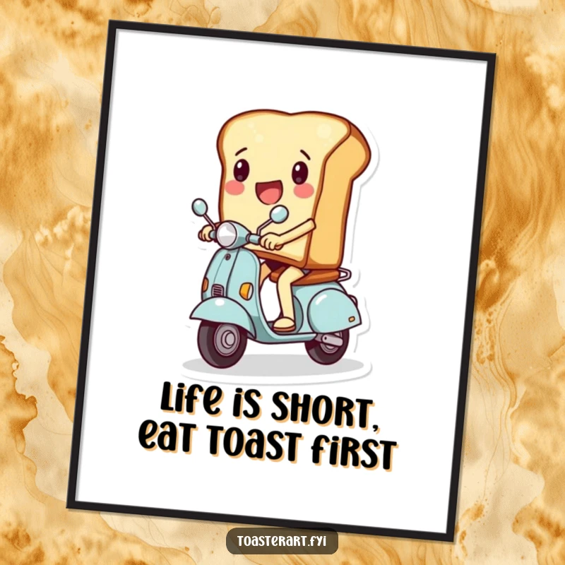 Funny Free Printable Wall Art: A slice of toast character excitedly rides a miniature scooter, an energetic downloadable decor piece.