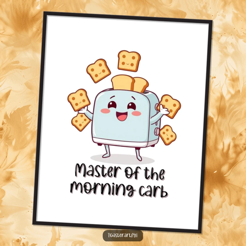 Funny Free Printable Wall Art: Giggling toaster character skillfully juggles multiple animated bread slices, a scene of playful energy.