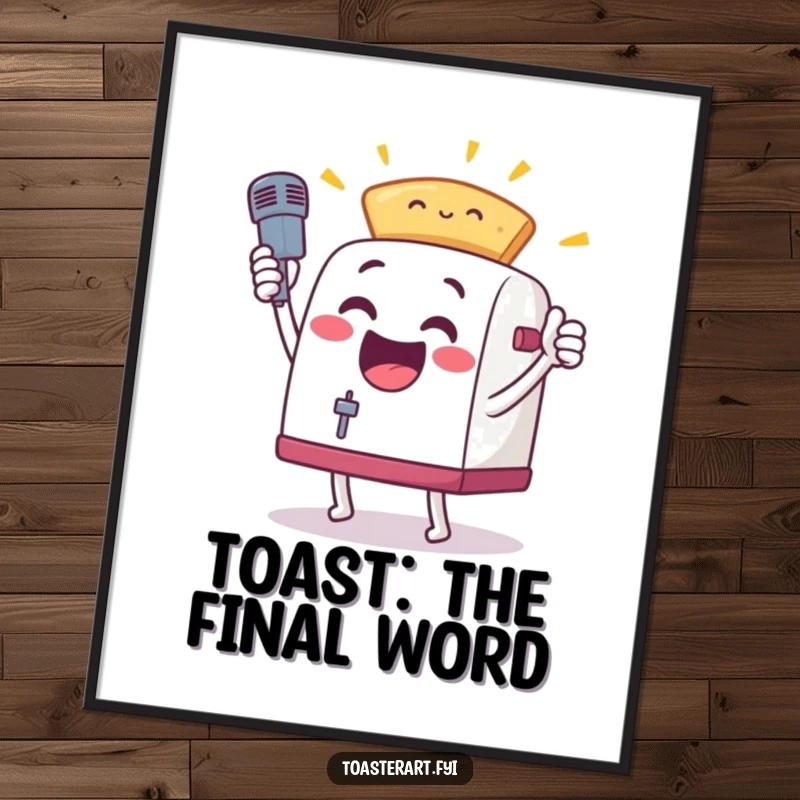 Funny free printable wall art of an excited toaster character performing an epic mic drop pose, holding toast triumphantly.