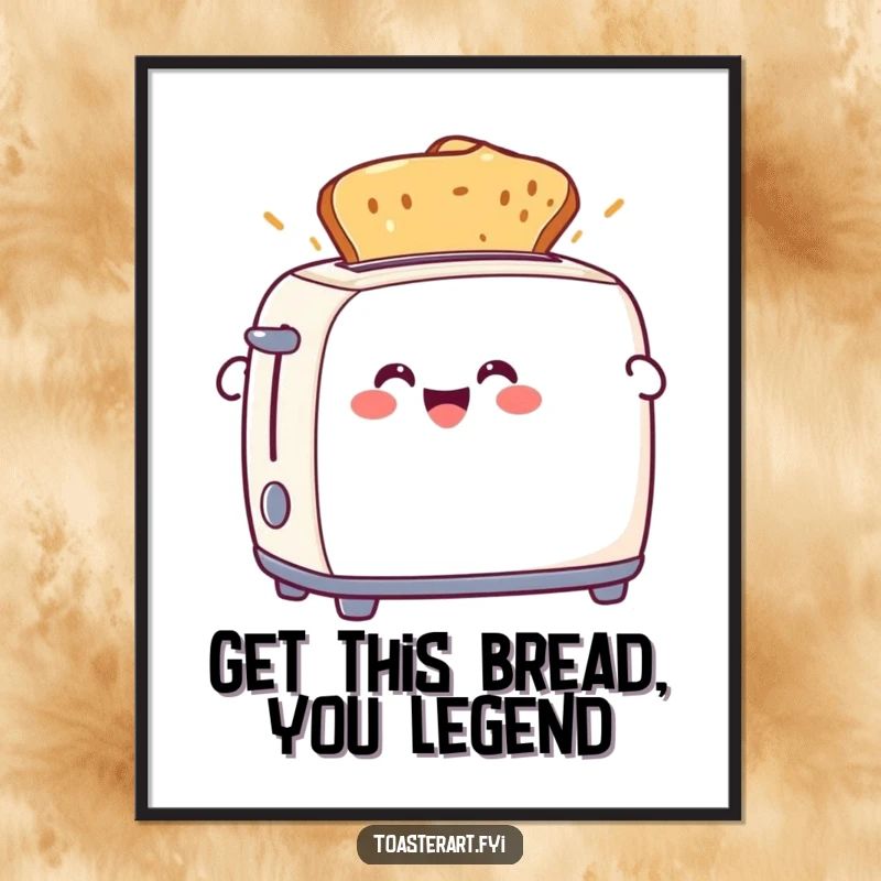 Funny Free Printable Wall Art: Delighted toaster character joyfully ejects perfectly browned toast, radiating warmth.