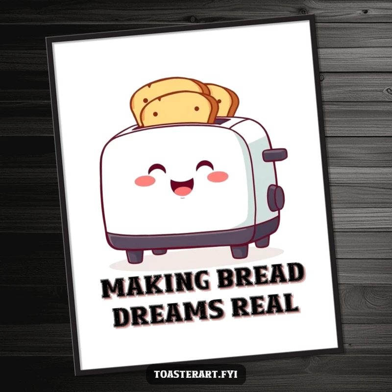 Funny free printable wall art depicting a smiling toaster character gleefully toasting multiple slices of bread simultaneously.