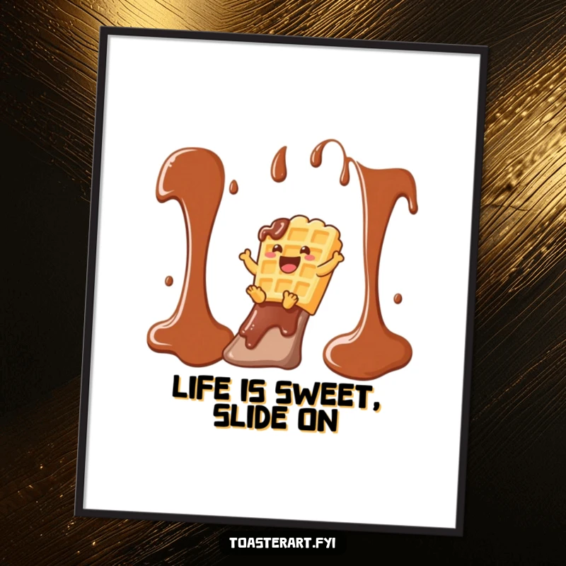 Funny Free Printable Wall Art: Waffle character joyfully sliding down a chocolate syrup slide, a deliciously humorous decorative piece.