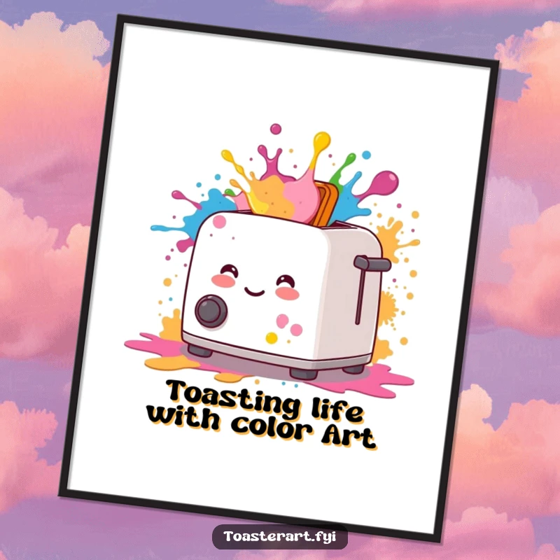 Funny Free Printable Wall Art of a smiling toaster emitting dynamic, colorful paint splatters. Abstract breakfast art.