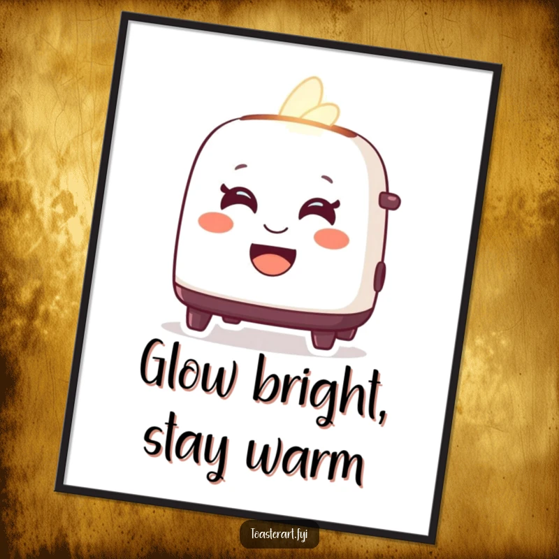 Funny Free Printable Wall Art of a delighted toaster character glowing kindly with a welcoming smile, radiating warmth.