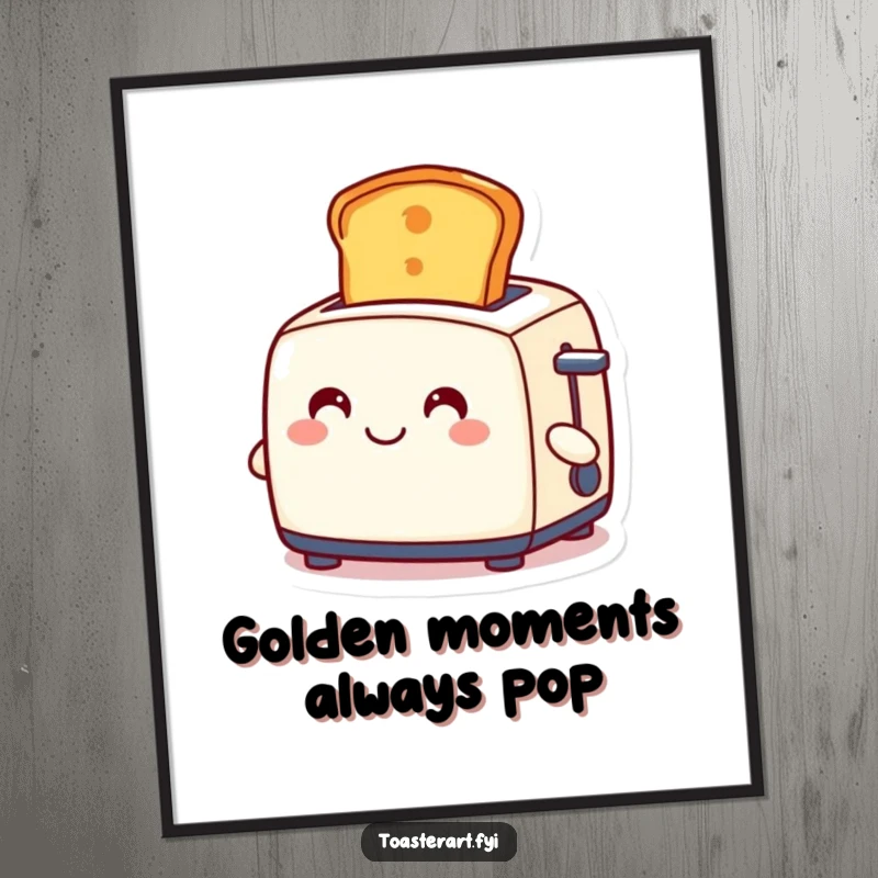Funny free printable wall art of a smiling toaster character expertly ejecting a perfectly golden, delicious-looking slice of toast.
