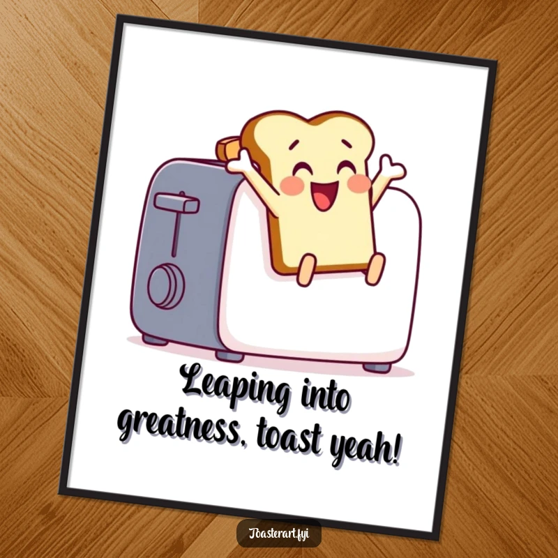 Funny Free Printable Wall Art: A delighted toast character performs an energetic leap from a toaster, capturing a moment of pure joy.