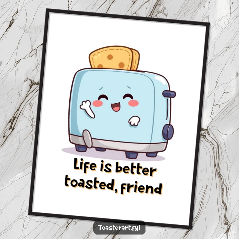 Funny Free Printable Wall Art: A happy crumb character comically running from an animated toaster, a dynamic and funny decor piece.