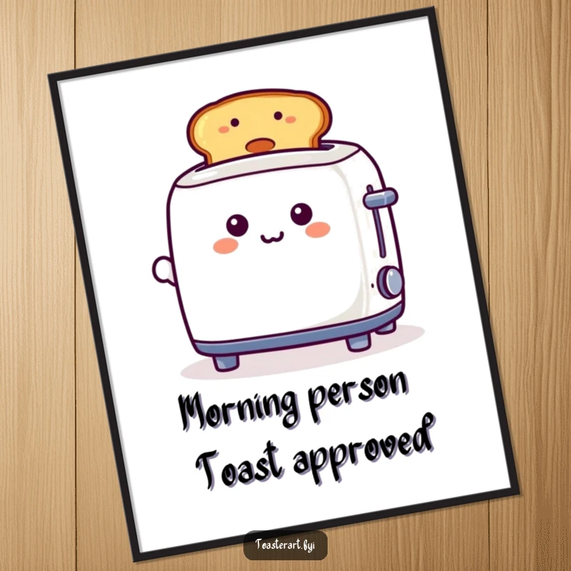 Funny free printable wall art of a playful toaster character proudly showing off a piece of toast with a beaming smiley face.