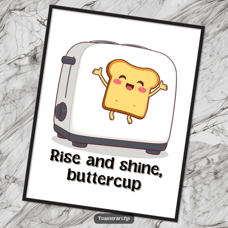 Funny Free Printable Wall Art of a delighted bread slice character energetically bouncing on a toaster lever.