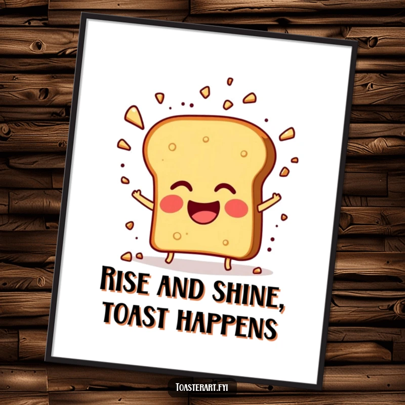 Funny Free Printable Wall Art: Giggling toast character bursts with flying crumbs, a comical kitchen or dining art.