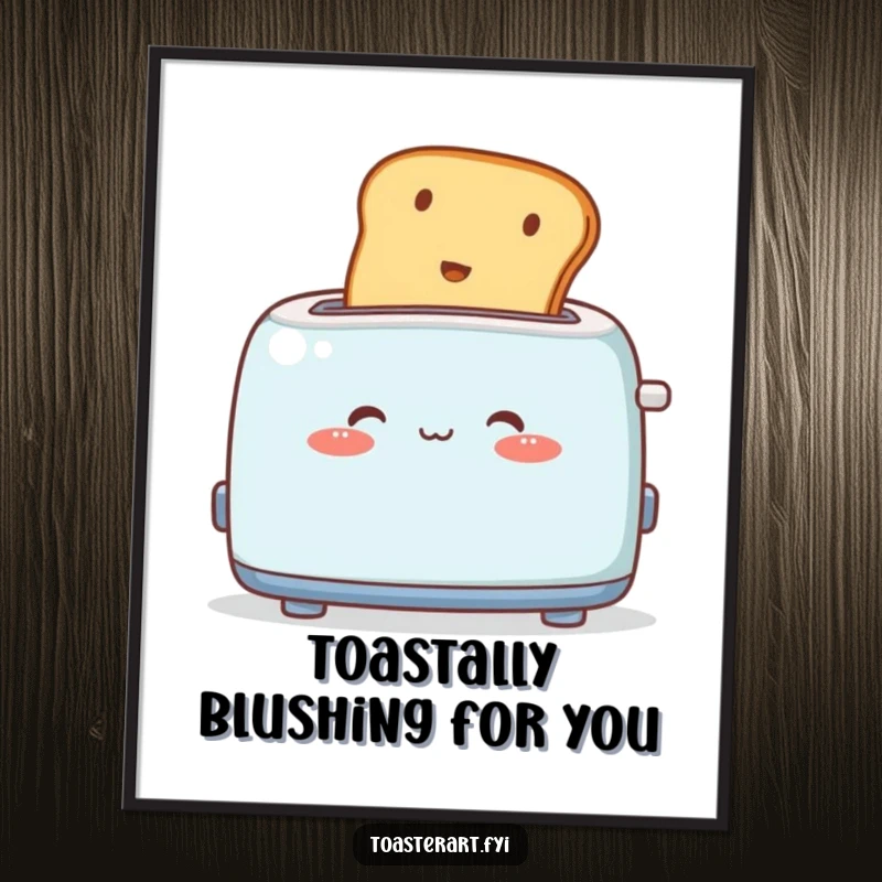 Funny Free Printable Wall Art: A cute toaster character blushing deeply as toast pops out, radiating shy charm.