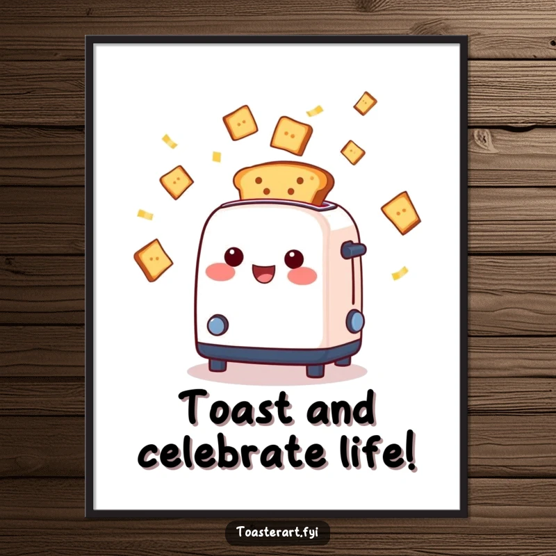 Funny Free Printable Wall Art showing a cheerful toaster character joyfully ejecting perfectly toasted bread slices like confetti.