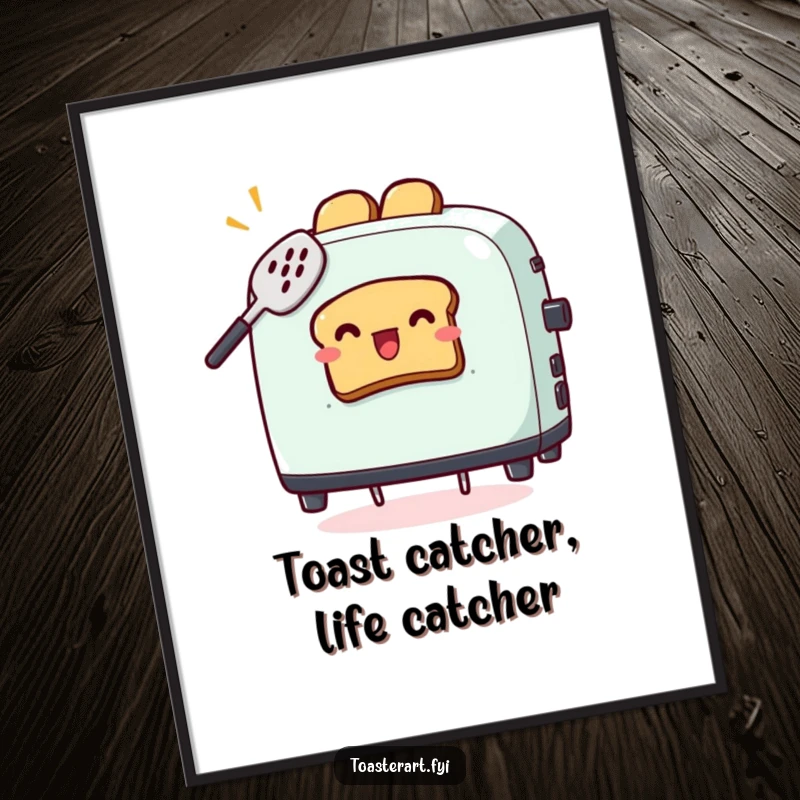 Funny Free Printable Wall Art: A toaster character comically attempts to catch flying toast with a spatula, a hilarious kitchen scene.