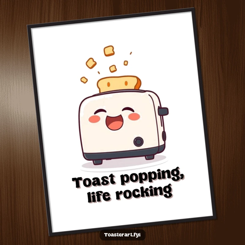 Funny Free Printable Wall Art of a toaster with a wide grin launching toast, a humorous and energetic piece of downloadable art.