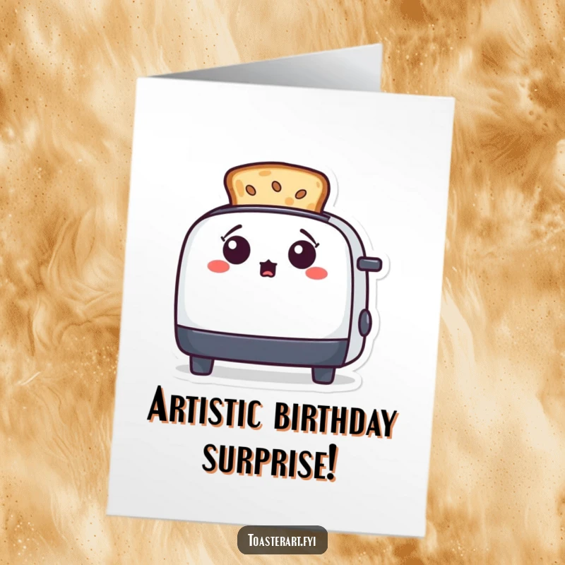 Funny free printable birthday card showing a surprised toaster character admiring toast that looks like a masterpiece of art.