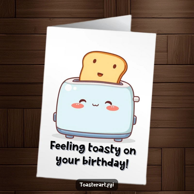 Funny Free Printable Birthday Card: A cute toaster character blushing deeply as toast pops out, feeling bashful.