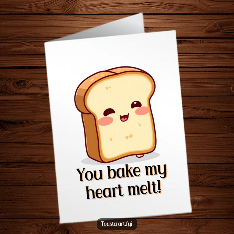 Funny Free Printable Birthday Card: Blushing bread slice character comically attempts to toast itself, looking embarrassed.