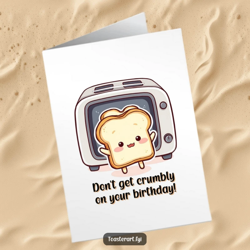 Funny Free Printable Birthday Card: A fluffy bread slice character comically trying to push toast back into a toaster, panicked.