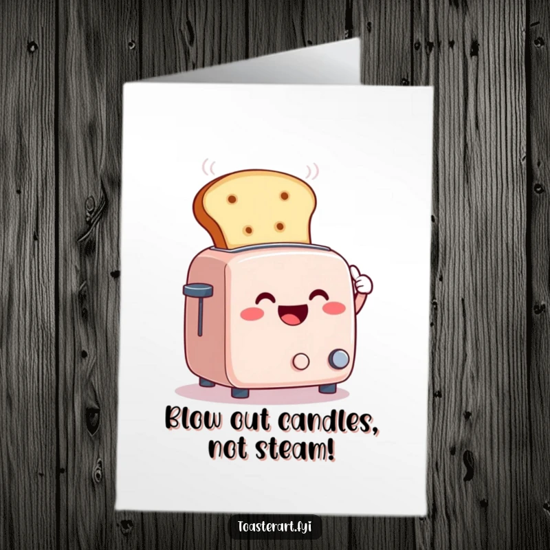 Funny Free Printable Birthday Card: Smiling toaster joyfully fanning away steam with a giant slice of bread, a humorous take on staying cool.