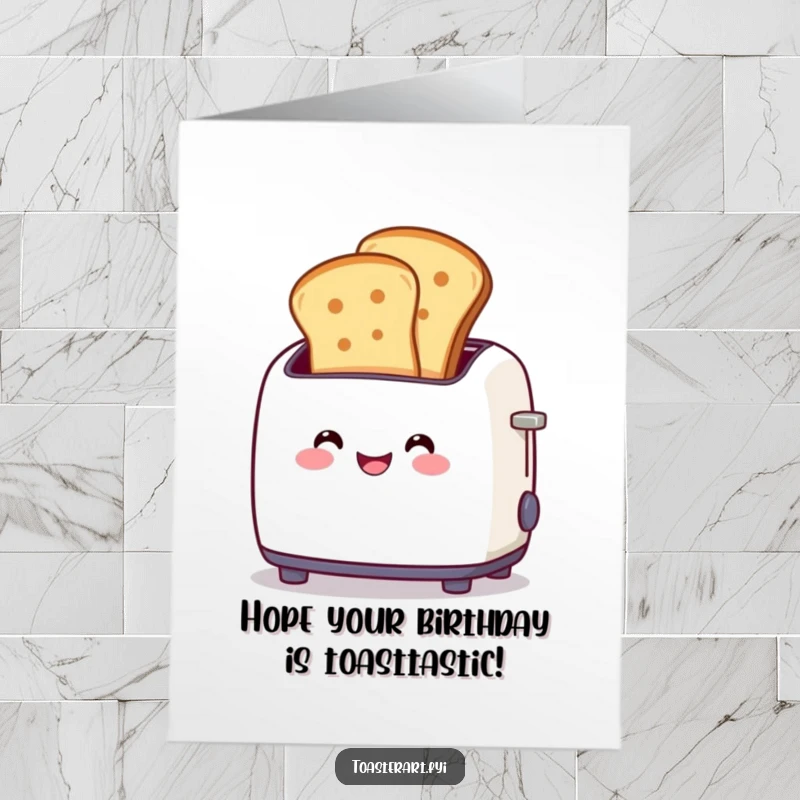 Funny Free Printable Birthday Card: Smiling toaster gleefully pops out two perfectly browned toast slices, a delightful downloadable gift.