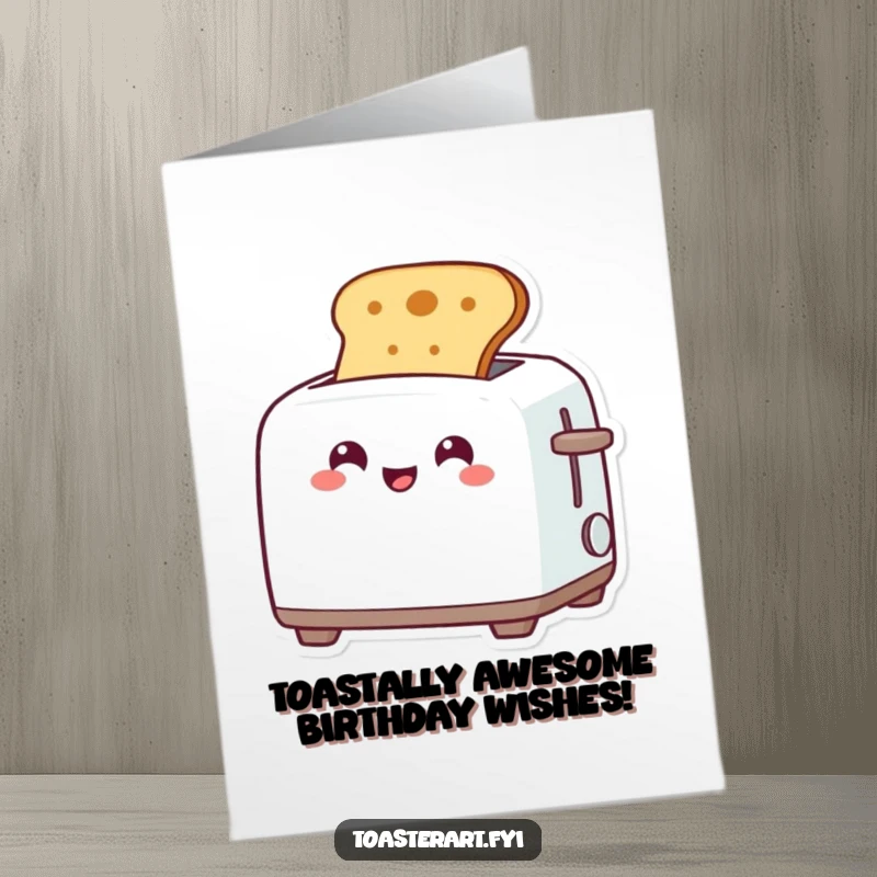 Funny Free Printable Birthday Card featuring a grinning toaster popping up perfectly toasted bread, celebrating with humor.