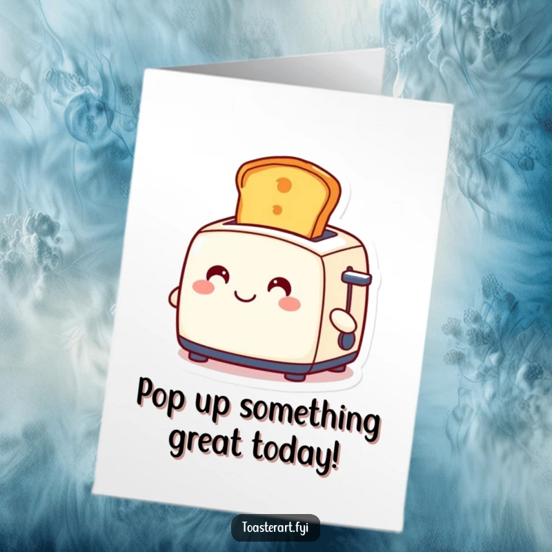 Funny free printable birthday card featuring a smiling toaster character ejecting a perfect golden slice of toast, celebrating.