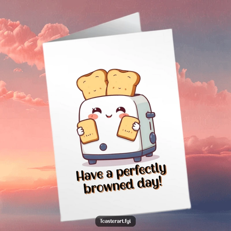 Funny Free Printable Birthday Card: Toaster character skillfully juggling toast slices, a party in progress.