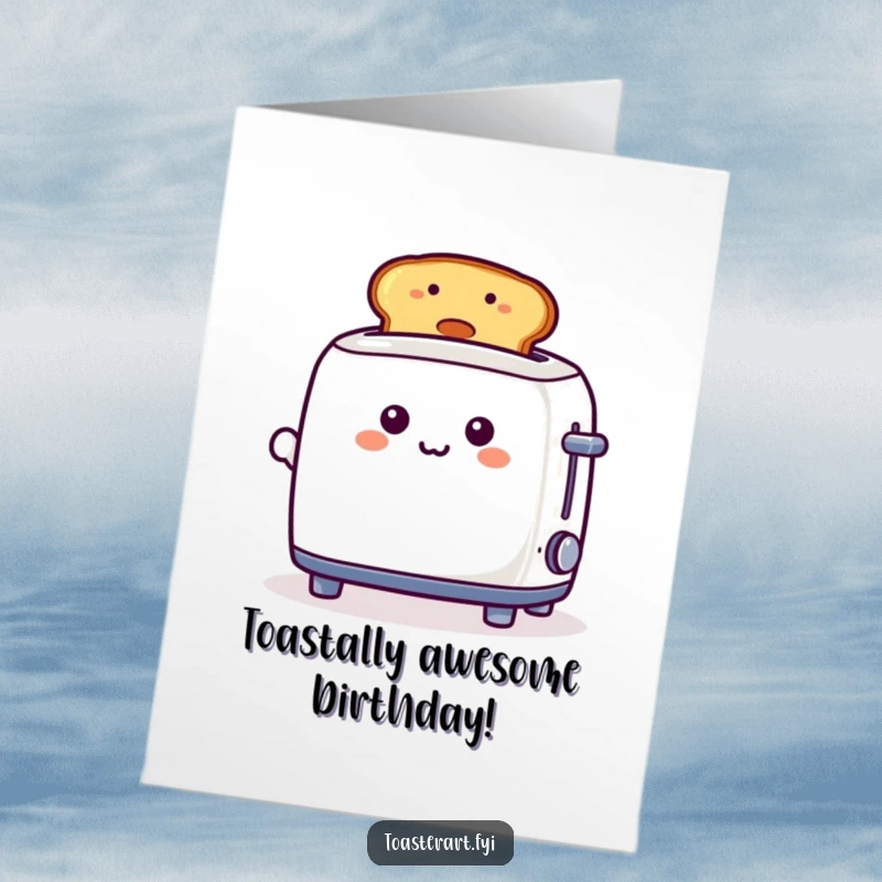 Funny free printable birthday card showing a playful toaster character proudly presenting a toast with a happy smiley face.