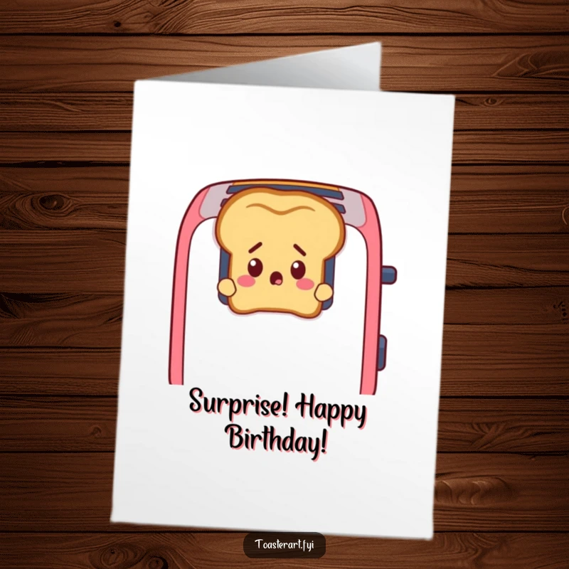 Funny Free Printable Birthday Card: Startled slice of toast peeking out of toaster slots, a surprise birthday greeting.