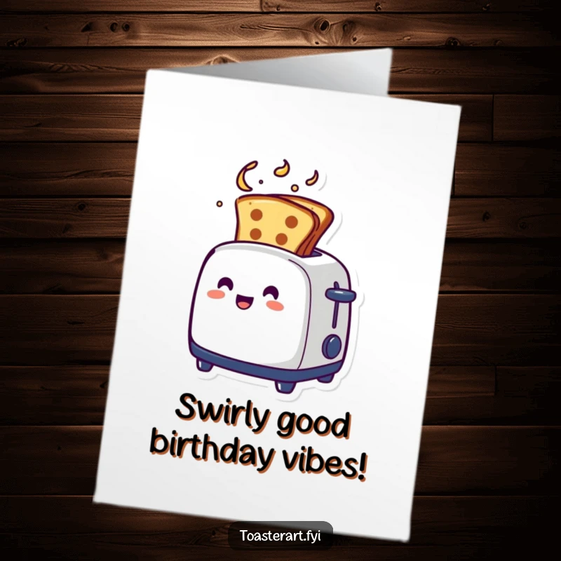 Funny Free Printable Birthday Card of a toaster with artistic toast emerging in a swirling pattern, a dynamic and humorous design.