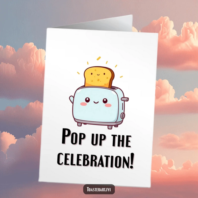 Funny free printable birthday card of a kawaii toaster character happily launching golden toast high into the air.