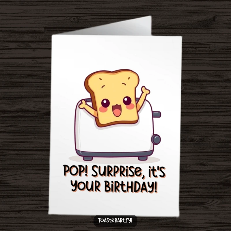 Funny Free Printable Birthday Card: Surprised toast character comically leaps out of a toaster, looking startled.