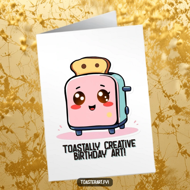 Funny Free Printable Birthday Card: A toaster character with glowing eyes comically creating abstract art using toast pieces.