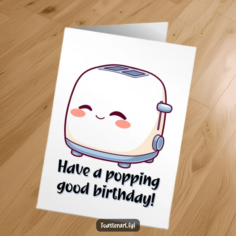Funny Free Printable Birthday Card depicting a cheerful toaster giving a knowing wink with its empty slots open invitingly.