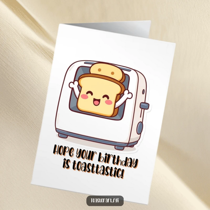 Funny free printable birthday card: A happy toast character joyfully waving its crusty hand from inside a toaster.