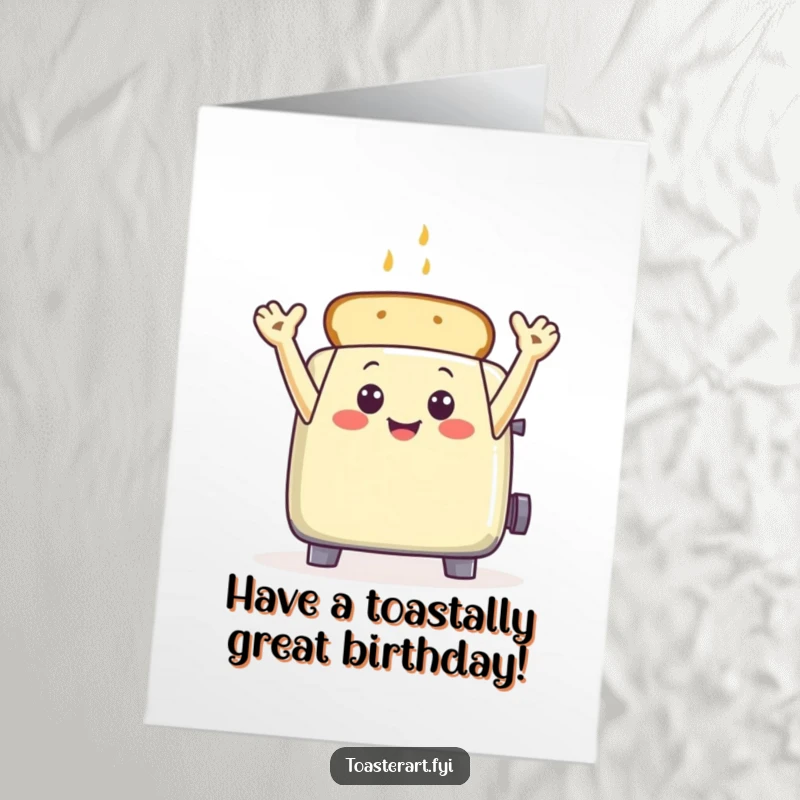 Funny Free Printable Birthday Card: A smiling toaster character waves hello with toast arms, spreading birthday cheer and warmth.
