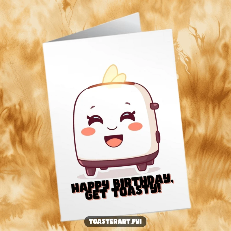 Funny Free Printable Birthday Card showing a delighted toaster character glowing warmly with a big, friendly smile.