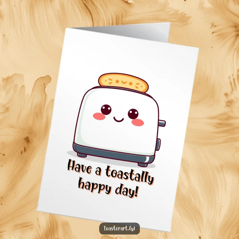 Funny Free Printable Birthday Card featuring a cheerful toaster making toast into a smiley face pattern, super fun and happy.