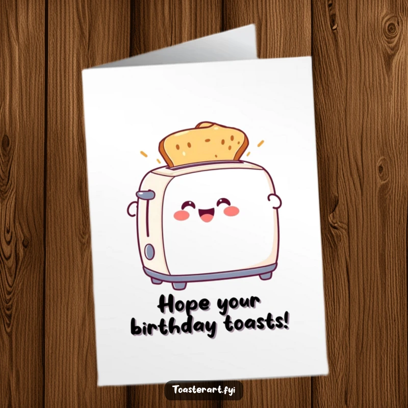 Funny Free Printable Birthday Card: Delighted toaster character joyfully ejects golden brown toast, celebrating.