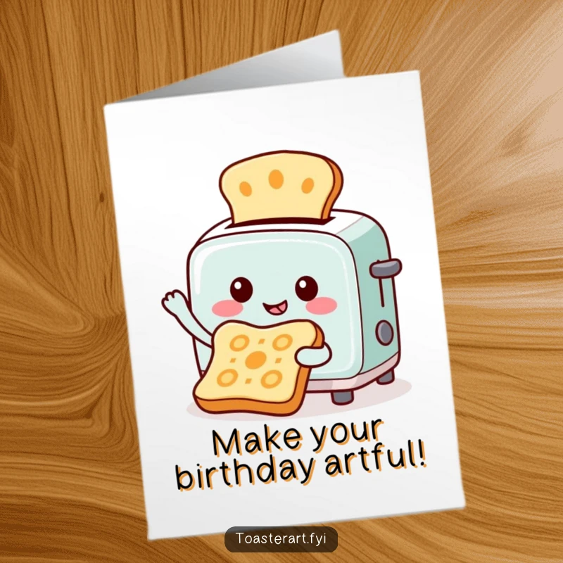 Funny Free Printable Birthday Card: Cheerful toaster character toasting artistic patterns onto bread, a creative celebration.