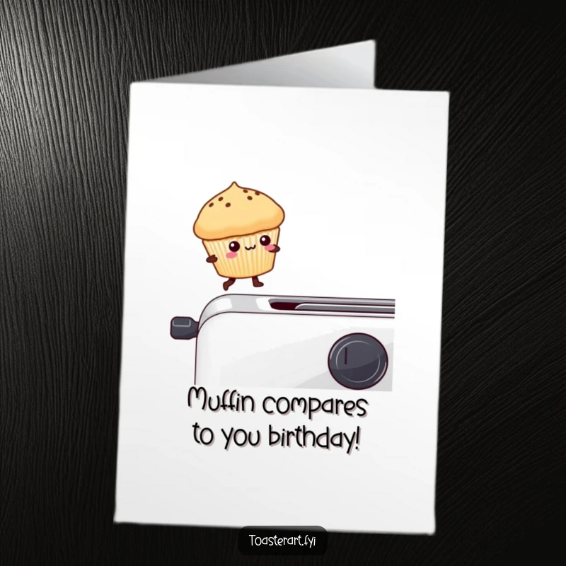 Funny Free Printable Birthday Card: A kawaii muffin character precariously balances on a toaster edge, ready for a birthday adventure.