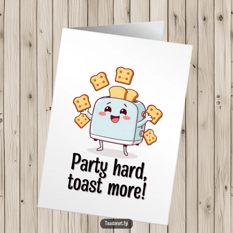 Funny Free Printable Birthday Card: Giggling toaster character expertly juggles multiple animated bread slices, looking amused.