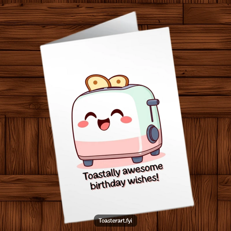 Funny free printable birthday card: A giggling toaster character artfully creating toast masterpieces from its slots.
