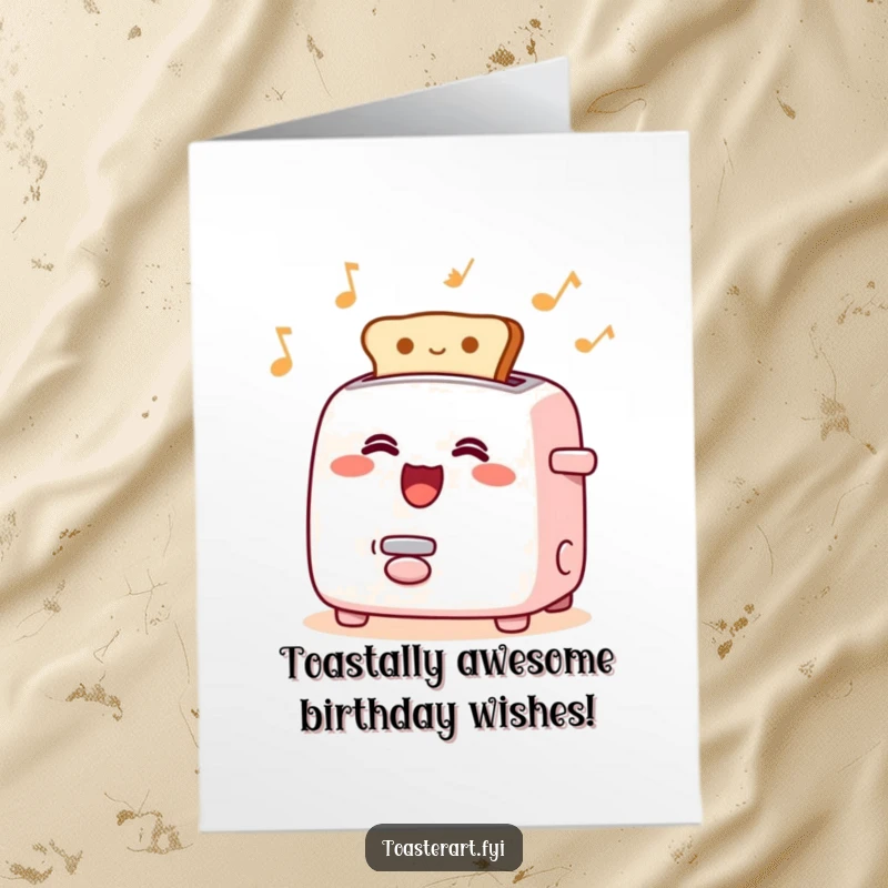 Funny Free Printable Birthday Card featuring a happy toaster character singing joyfully as toast pops out rhythmically.