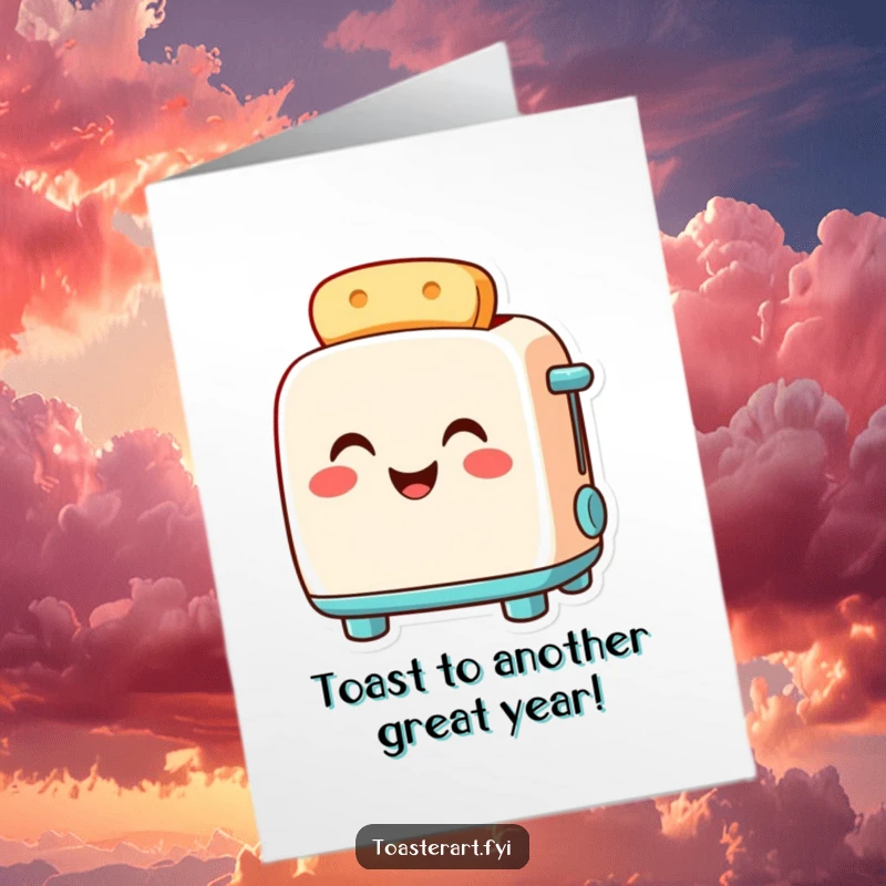 Funny Free Printable Birthday Card featuring a smiling toaster character glowing warmly with pride, ready to toast a happy celebration.