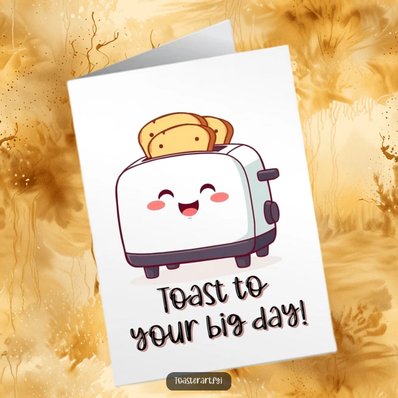 Funny free printable birthday card of a smiling toaster character gleefully toasting several slices of bread at once.