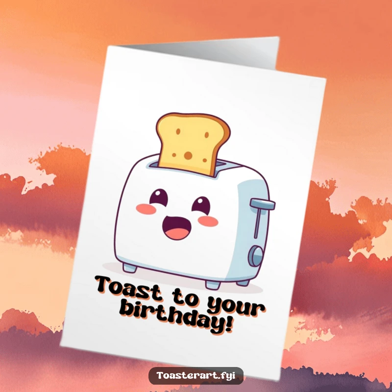 Funny free printable birthday card with a cheerful toaster character ejecting toast with a comically surprised expression, ready to celebrate.