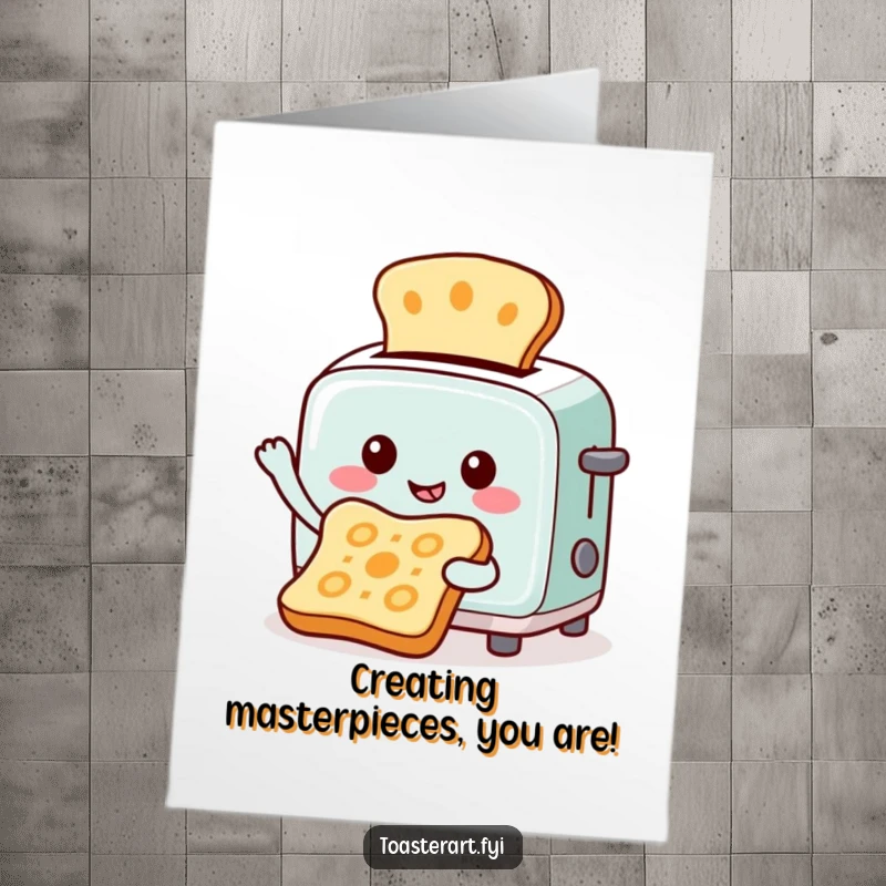 Free Printable Congratulations Card: Toaster character creating intricate toast art, celebrating a skillful win.