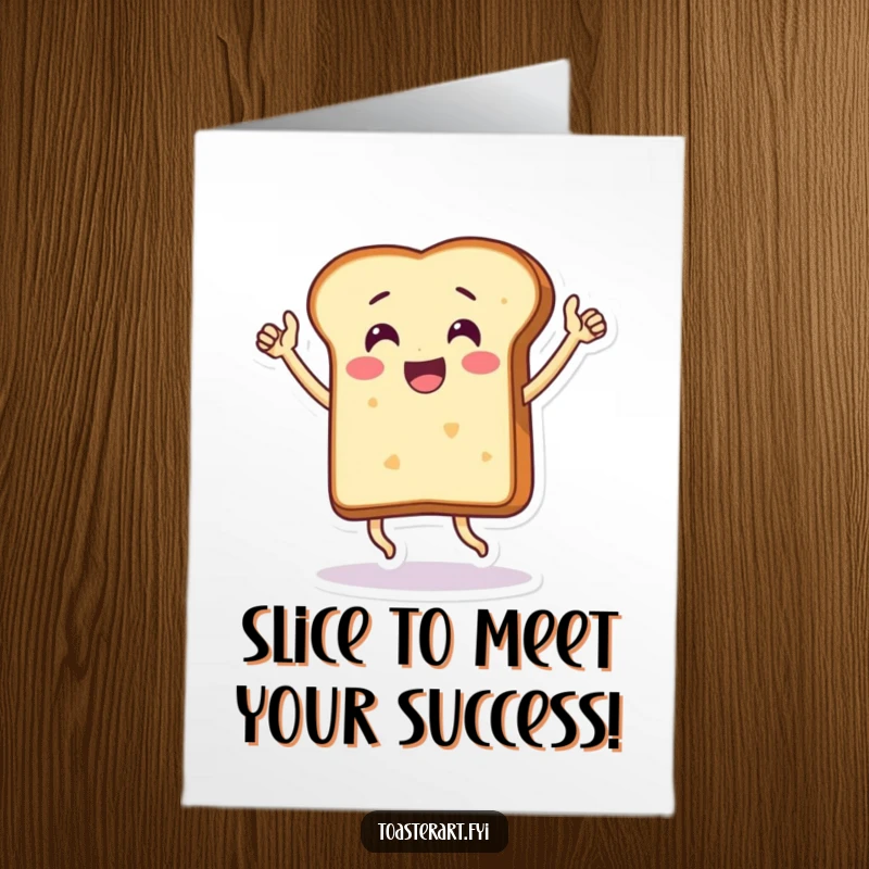 Funny free printable congratulations card: A happy bread slice doing a cheerful victory dance to celebrate success.