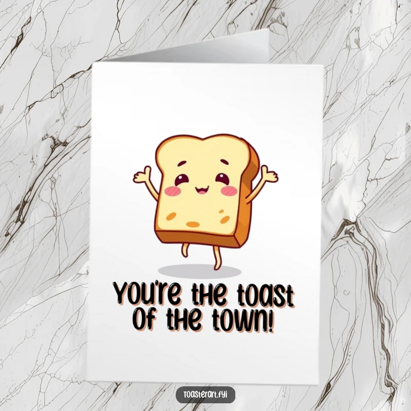 Funny free printable congratulations card: a happy toast character doing a celebratory dance, full of energy.